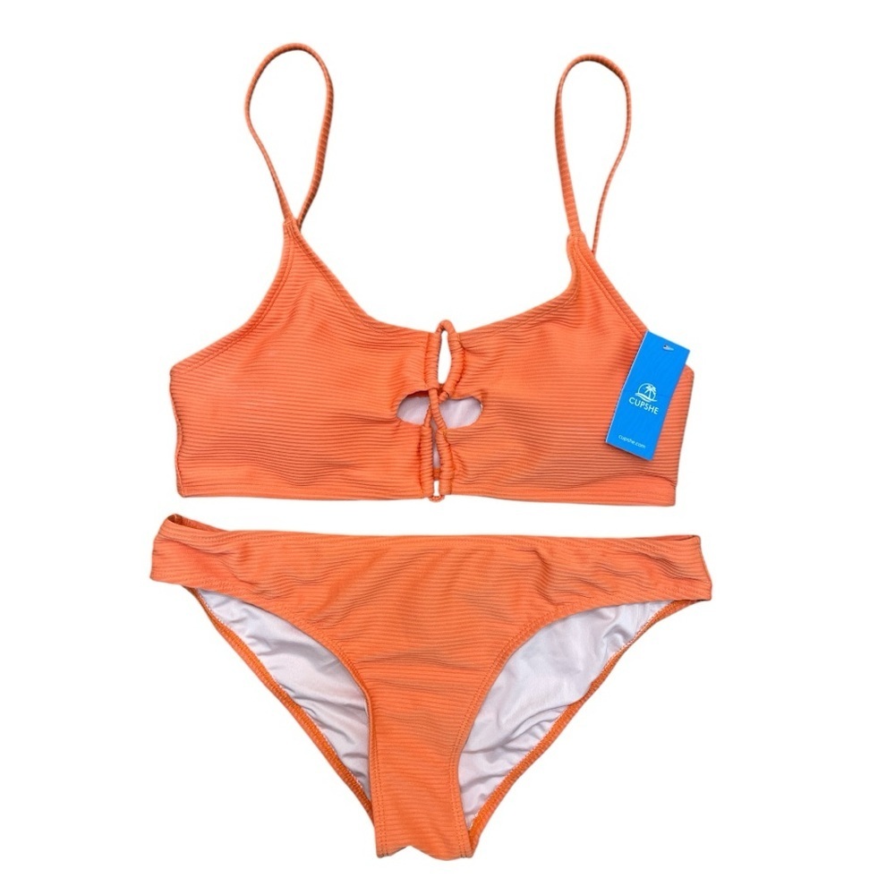 Cupshe Ribbed Orange Bikini Set Cutout Detail Size L NWT